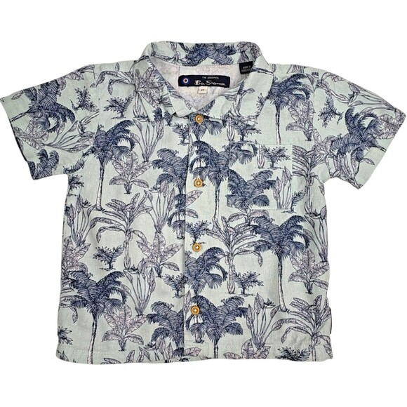 Ben Sherman Linen Blend Hawaiian Shirt Vacation Summer Tropical Light Blue 3T - Picture 1 of 6